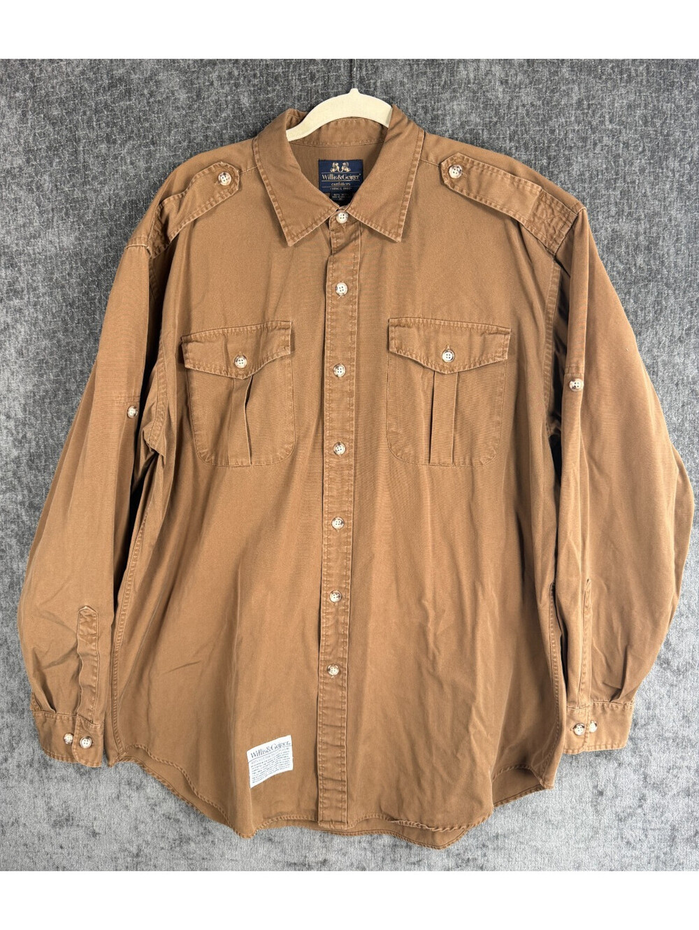 Vintage Willis & Geiger Mens XL Safari Bush Shirt Brown Cotton Epaulets
